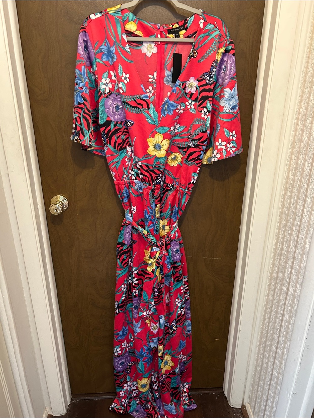 NWT Lane Bryant Bright Red Floral Jumpsuit/Pantsuit Multicolor Blooms Size 24